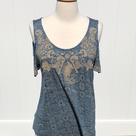 Lucky 🍀 Brand Blue Cold Shoulder Short Sleeve Embroidered Tunic Top Size Medium - Picture 2 of 14